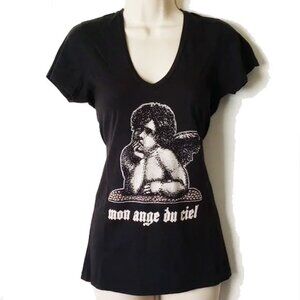 Le Lotus Bleu Fitted V-Neck Angel T-shirt S Bling Rhinestone Mon Ange Du Ciel